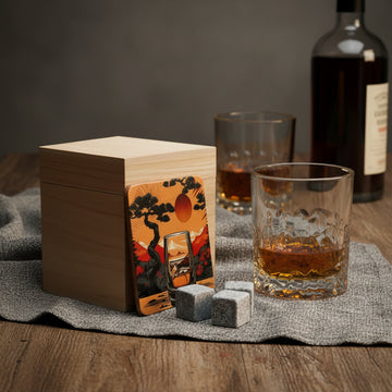 Japanskt whiskyglas AJIWAI – Presentset med granitisbitar och underlägg