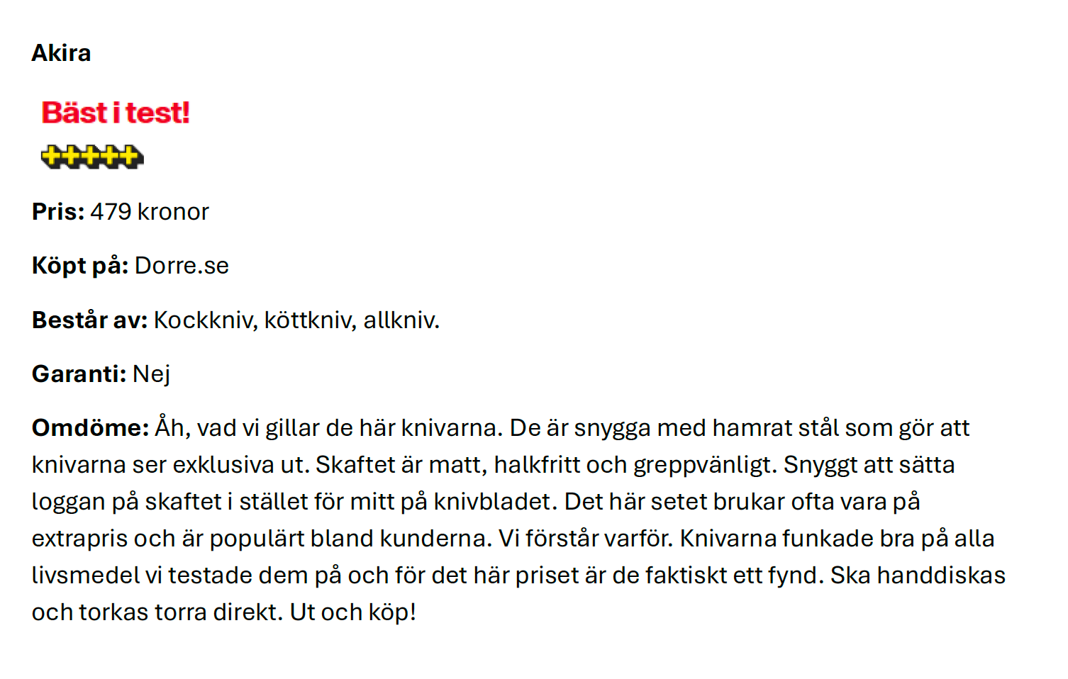 Akira Knivset i stål svart handtag